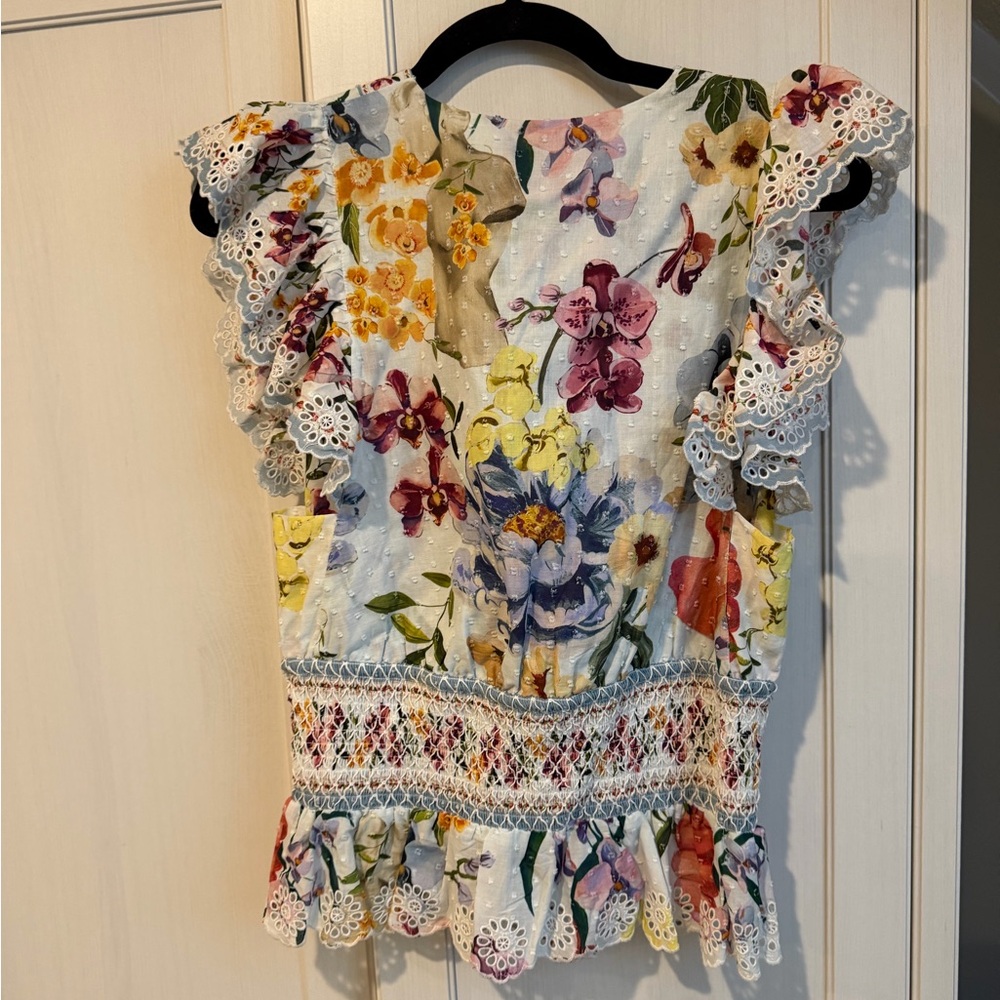 FARM Rio Multicolor Floral Eyelet-Trim Smocked Waist Blouse - Picture 3 of 6